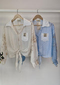 Blue gingham blouse with golden sequins sleeves
