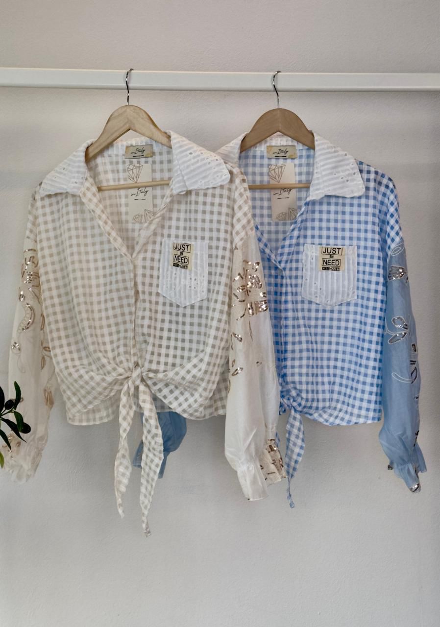 Blue gingham blouse with golden sequins sleeves